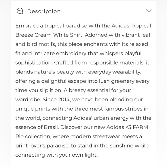 NWT FARM Rio x Adidas Tropical Breeze Cream White Shirt sz S - Picture 9 of 9